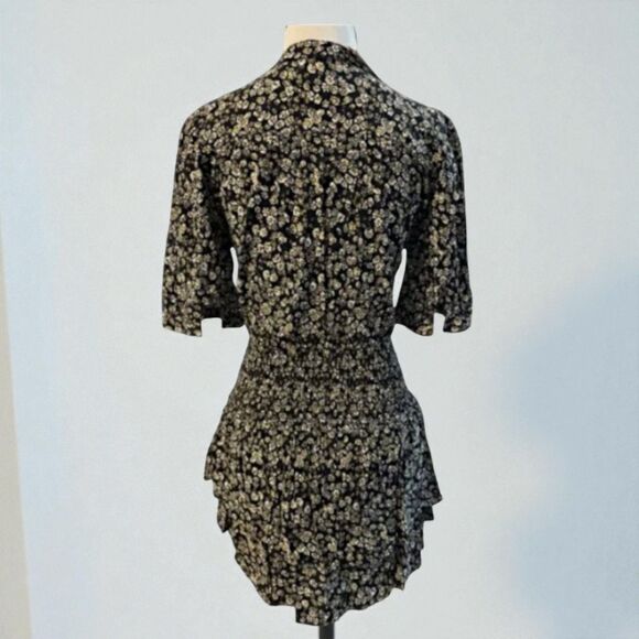 Aqua Black Yellow Floral Print Mini Dress Smocked Waist Ruffle Hem V-Neck S - Picture 3 of 3